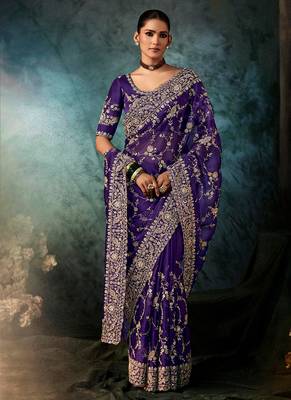 Purple faux crepe embroidered saree 2