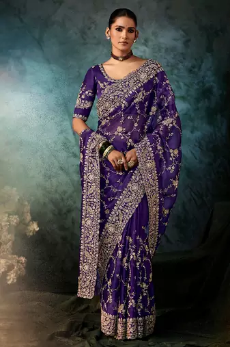 Purple faux crepe embroidered saree