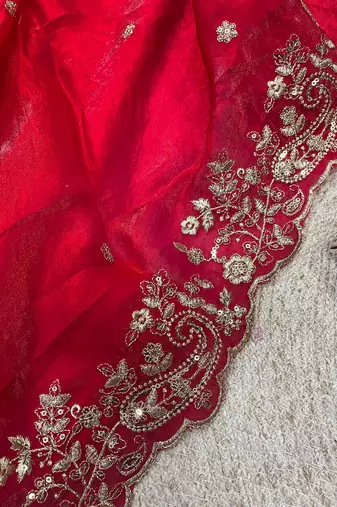 Rani Pink Color Embroidered Fandy Satin Silk Blend Saree