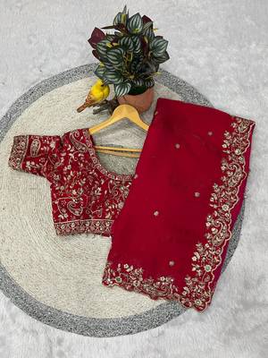 Rani Pink Color Embroidered Fandy Satin Silk Blend Saree 4
