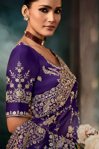 Purple faux crepe embroidered saree