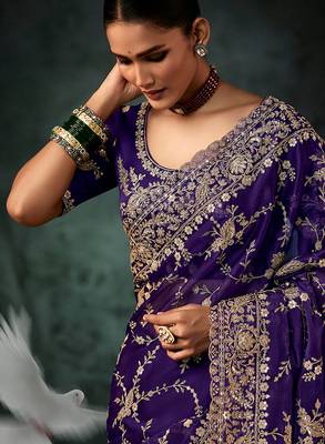 Purple faux crepe embroidered saree 4