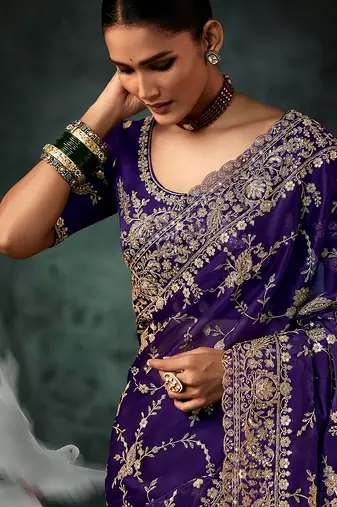 Purple faux crepe embroidered saree