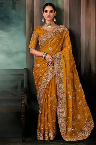 Orange wear fabric embroidery bridal reception festival wedding wear heavy border saree