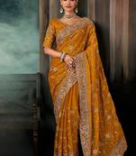 Orange wear fabric embroidery bridal reception festival wedding wear heavy border saree