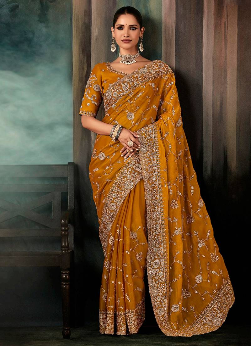 Orange wear fabric embroidery bridal reception festival wedding wear heavy border saree