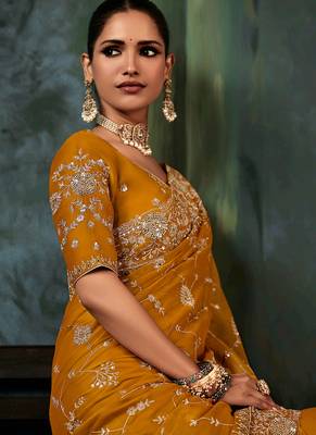 Orange fancy fabric embroidered saree 2