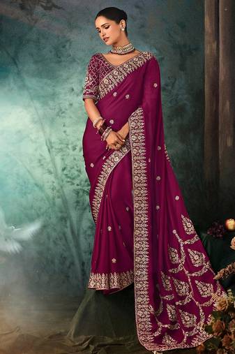 Burgundy faux satin embroidery bridal reception festival wedding wear heavy border saree
