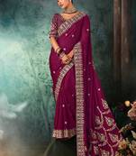 Burgundy faux satin embroidery bridal reception festival wedding wear heavy border saree