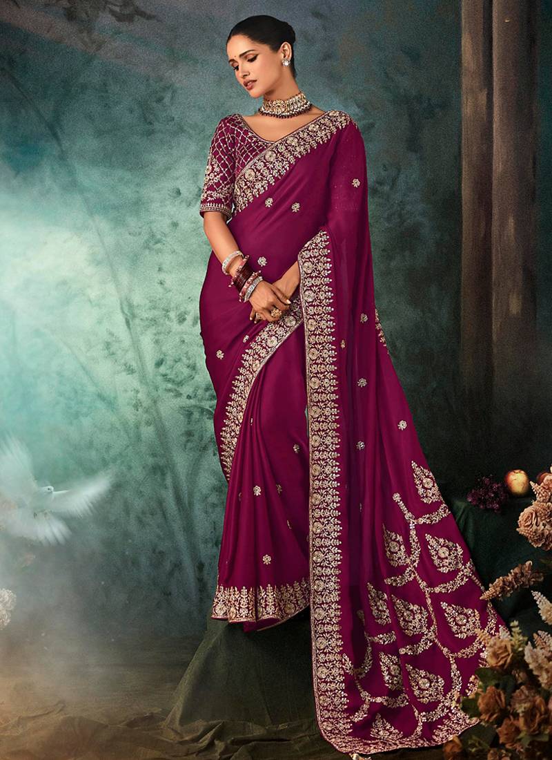Burgundy faux satin embroidery bridal reception festival wedding wear heavy border saree