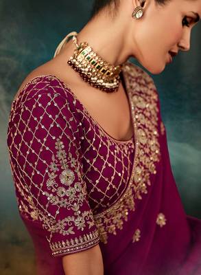 Burgundy faux satin embroidered saree 2
