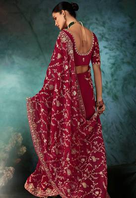 Burgundy faux satin embroidered saree 3