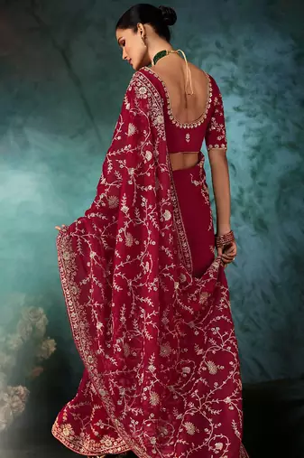Burgundy faux satin embroidered saree