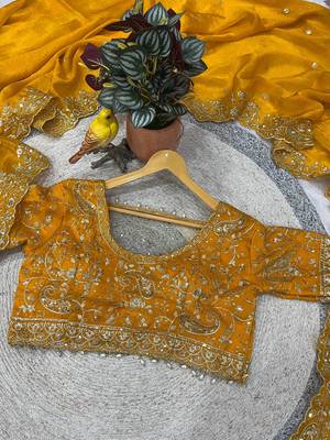 Yellow Color Embroidered Fandy Satin Silk Blend Saree 2