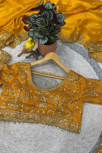 Yellow Color Embroidered Fandy Satin Silk Blend Saree