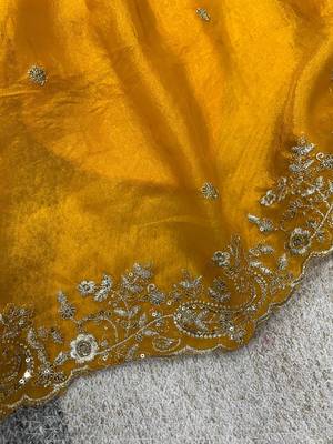 Yellow Color Embroidered Fandy Satin Silk Blend Saree 3