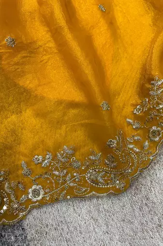 Yellow Color Embroidered Fandy Satin Silk Blend Saree