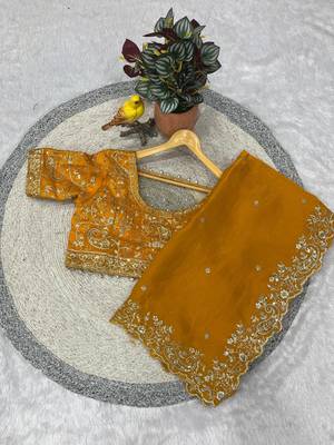 Yellow Color Embroidered Fandy Satin Silk Blend Saree 4