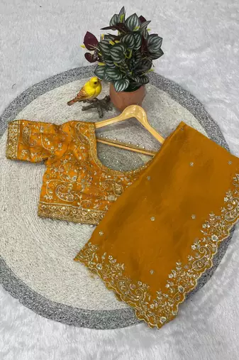 Yellow Color Embroidered Fandy Satin Silk Blend Saree