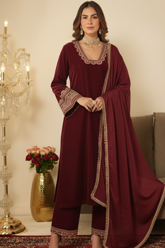  Maroon  Gotta Lace Work 3 Pc Ready to Wear Salwar Set