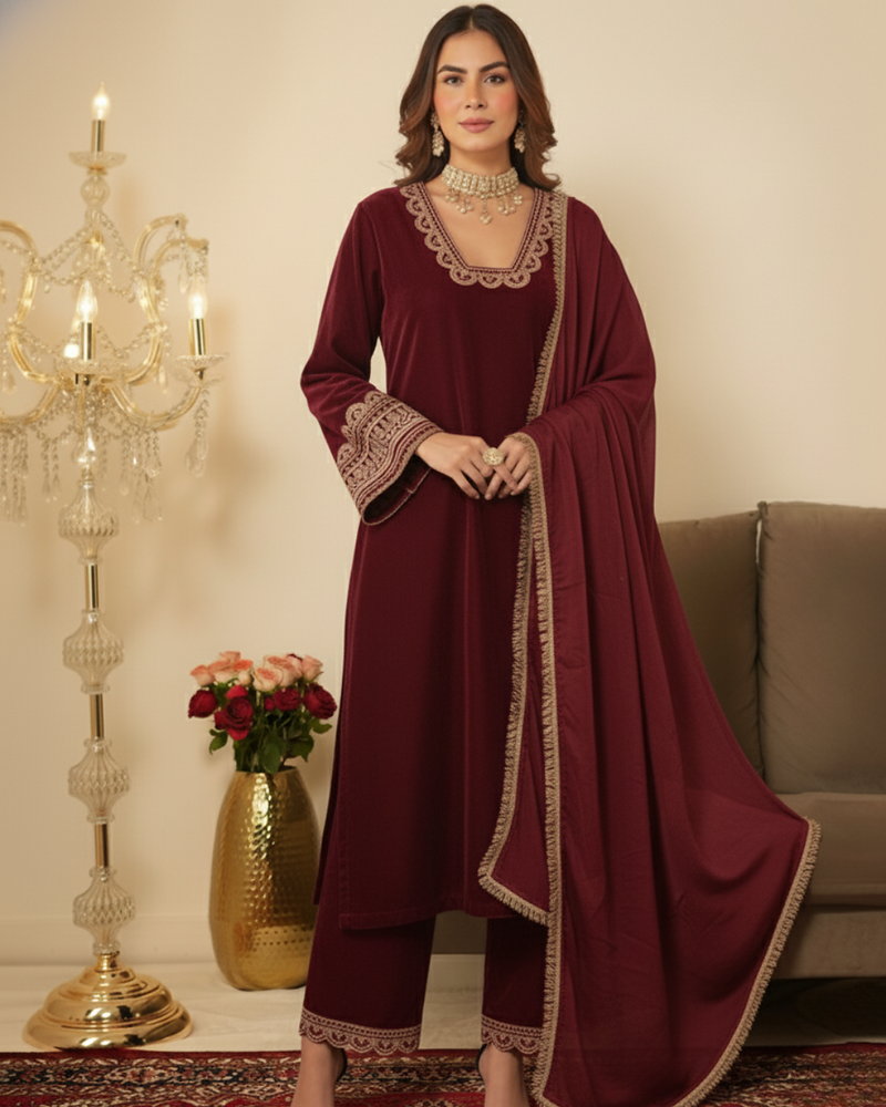  Maroon  Gotta Lace Work 3 Pc Ready to Wear Salwar Set