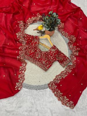Red Color Embroidered Fandy Satin Silk Blend Saree 1