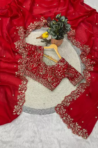 Red Color Embroidered Fandy Satin Silk Blend Saree