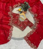 Red Color Embroidered Fandy Satin Silk Blend Saree