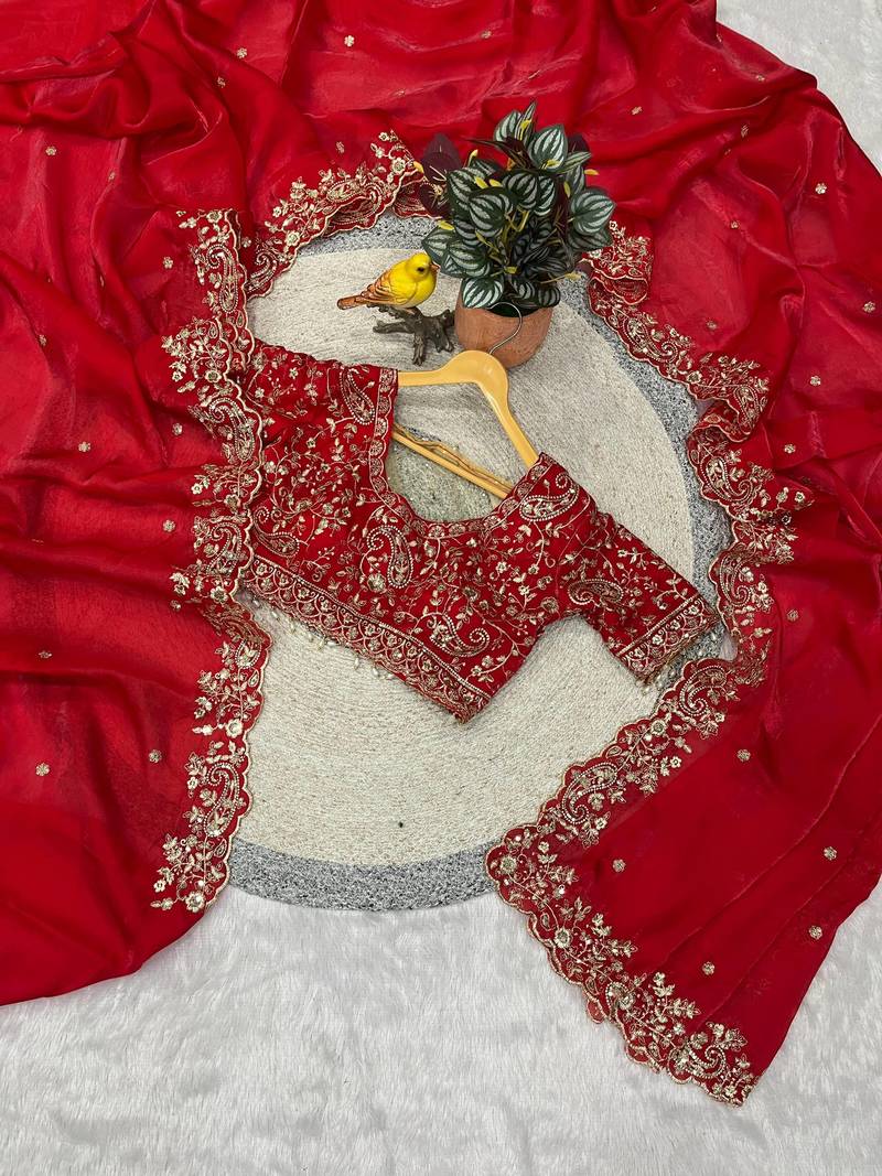 Red Color Embroidered Fandy Satin Silk Blend Saree