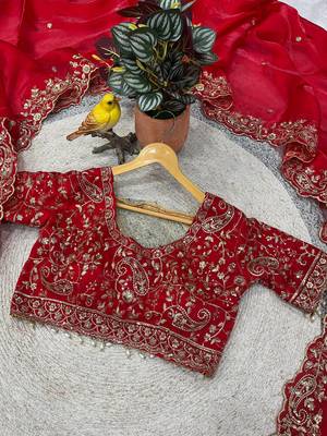 Red Color Embroidered Fandy Satin Silk Blend Saree 2