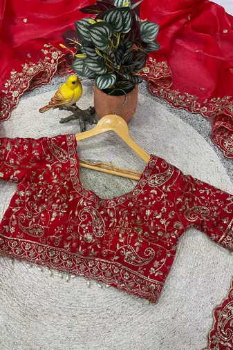 Red Color Embroidered Fandy Satin Silk Blend Saree