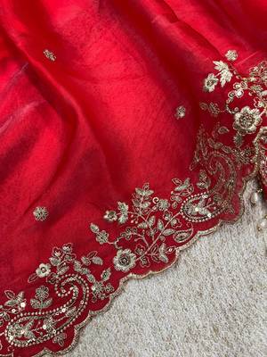 Red Color Embroidered Fandy Satin Silk Blend Saree 3