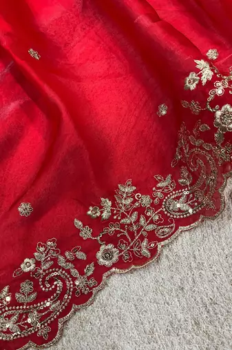 Red Color Embroidered Fandy Satin Silk Blend Saree