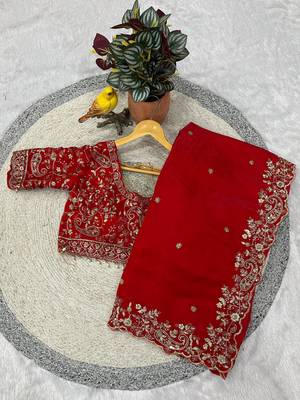Red Color Embroidered Fandy Satin Silk Blend Saree 4