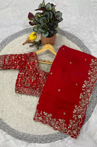 Red Color Embroidered Fandy Satin Silk Blend Saree