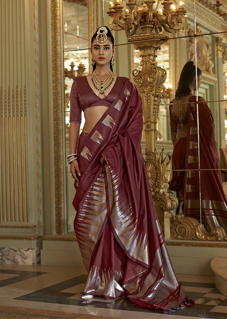 maroon weaving work art silk blend classic saree