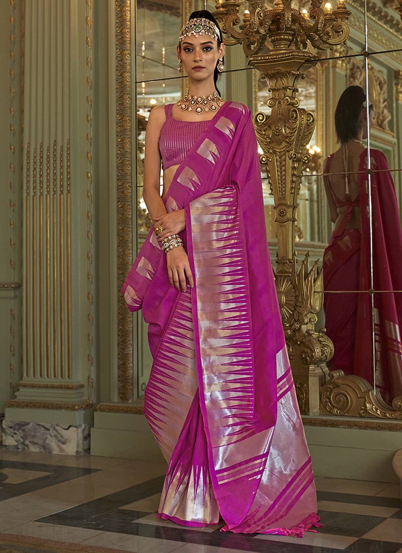 hot pink weaving work art silk blend classic saree