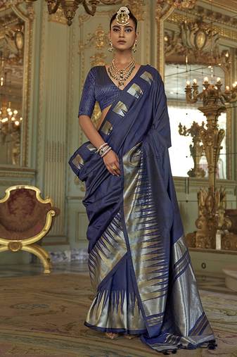 navy blue weaving work art silk blend classic saree