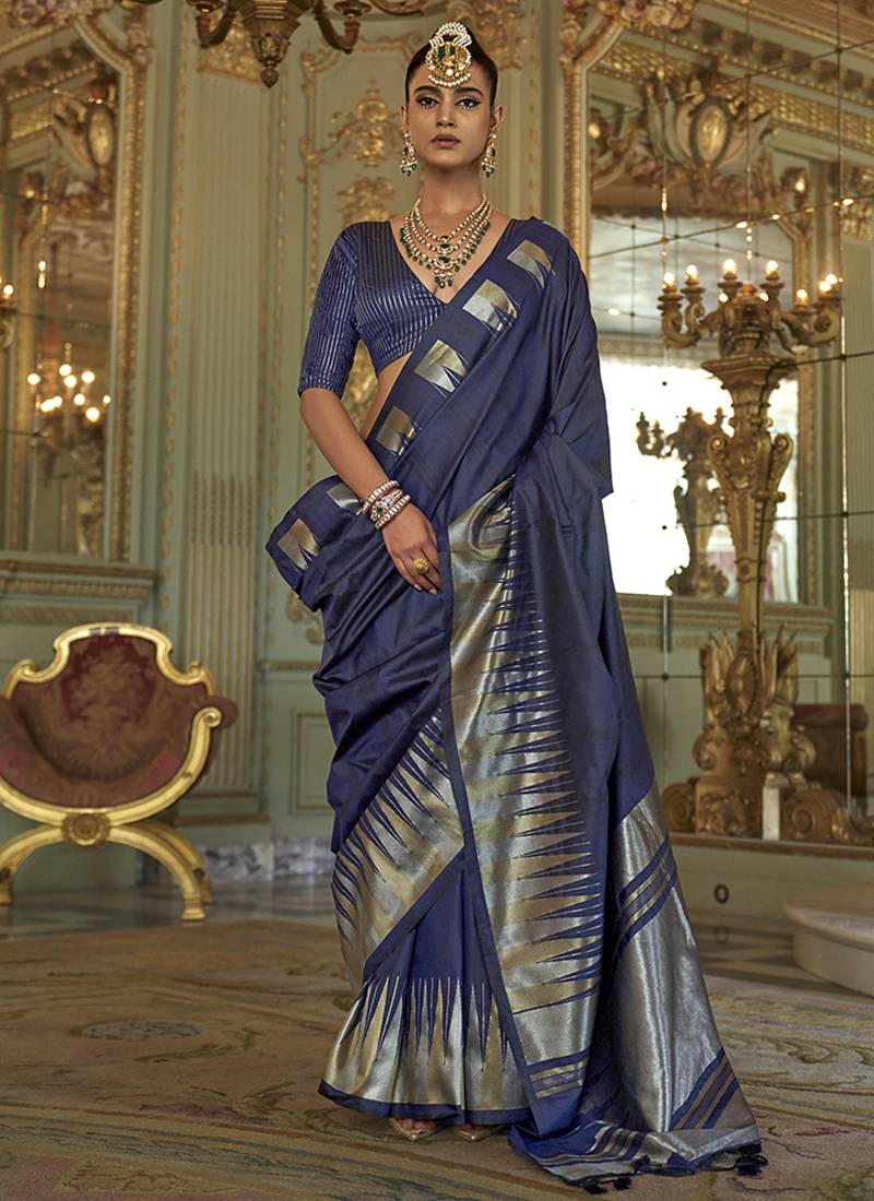 navy blue weaving work art silk blend classic saree