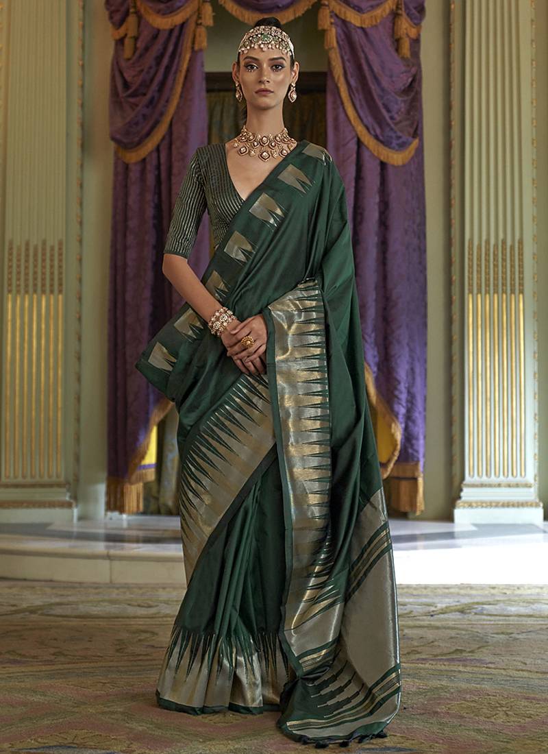 bottle green weaving work art silk blend classic saree