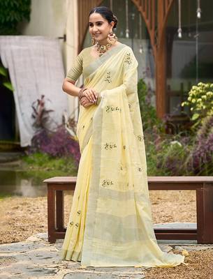 yellow linen woven work traditional saree 1