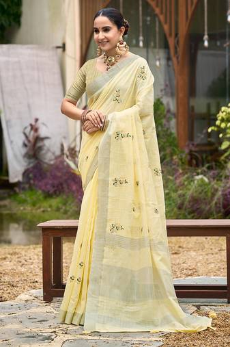 yellow linen woven work traditional saree
