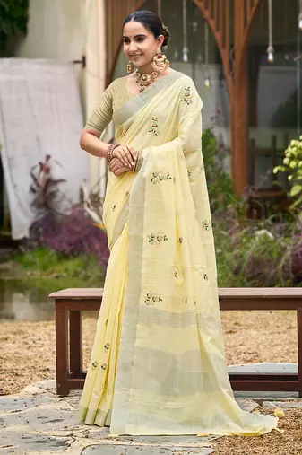 yellow linen woven work traditional saree