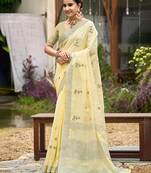 yellow linen woven work traditional saree