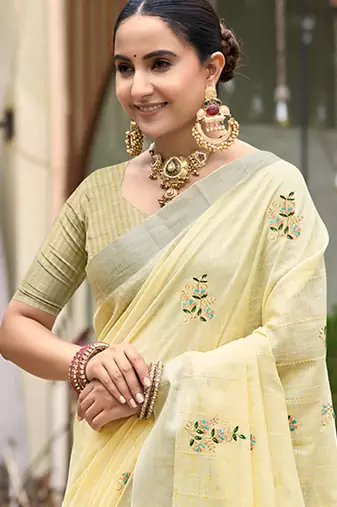 yellow linen woven work traditional saree