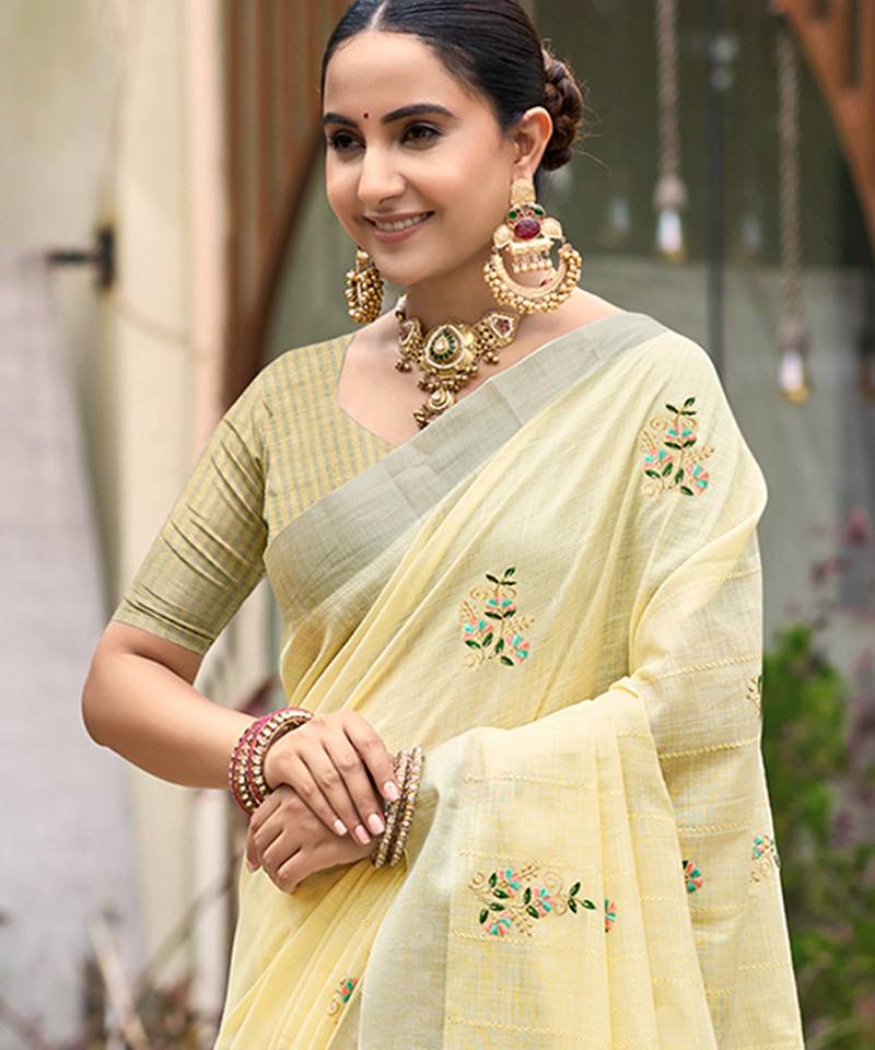 yellow linen woven work traditional saree