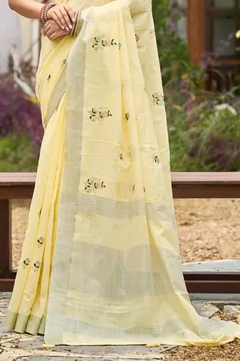 yellow linen woven work traditional saree