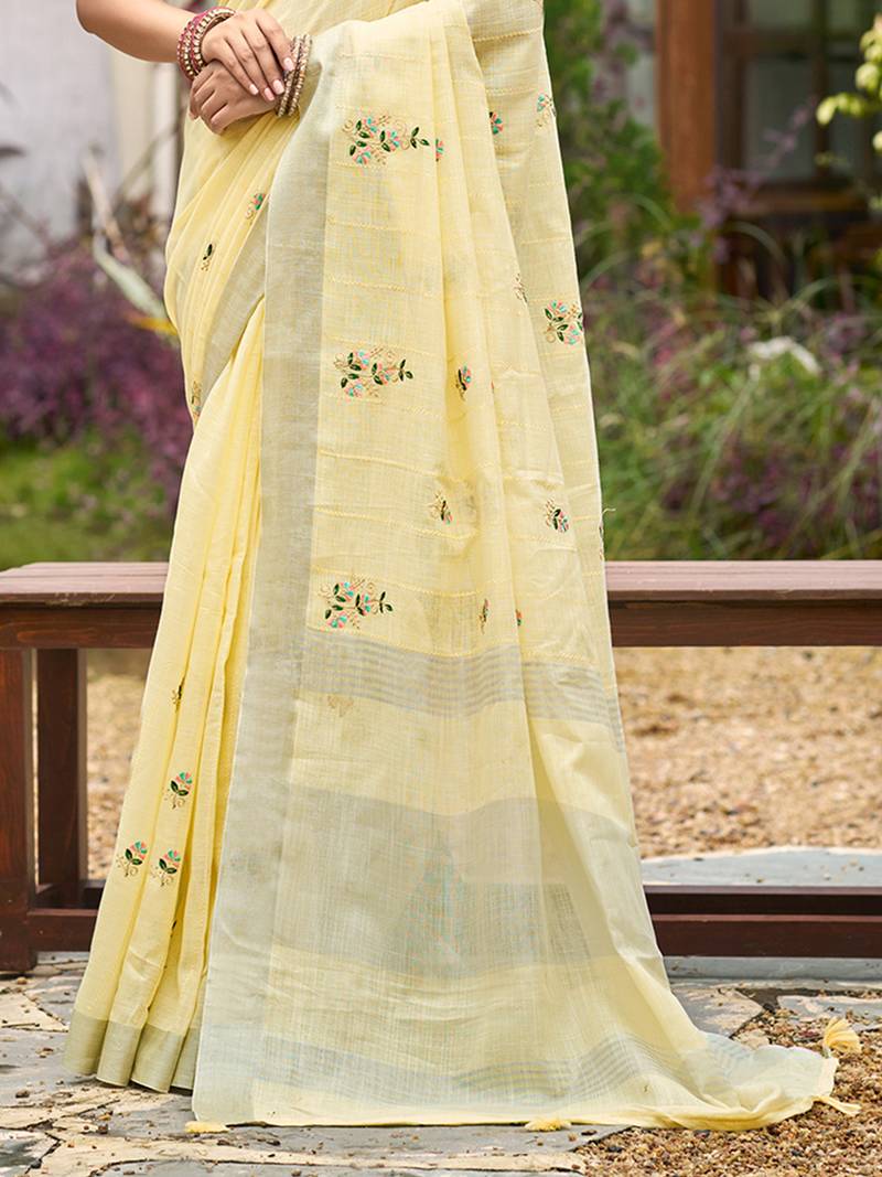 yellow linen woven work traditional saree