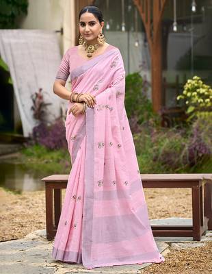 baby pink linen woven work traditional saree 1