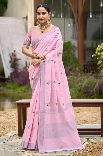 baby pink linen woven work traditional saree